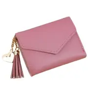 Mauve Pink Tassel Heart Pendant Vegan Leather Wallet Mini Card Case Wallet