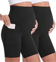 [Enerful] Women's Maternity Yoga Shorts Over The Belly Comfy Biker Workout Active Pregnancy Gym Short Pants with Pockets 8"/5"
