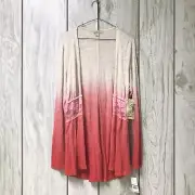 One World Women Fiery Red Faded Floral Fusion Fine Knit Lace Open Cardigan L