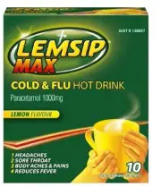 Lemsip Max Cold & Flu Hot Drink Paracetamol 1000mg Lemon Flavor - 10 Sachets