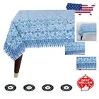 Dark Royal Blue Floral Cotton Tablecloth 70x118 - Hand Block Print Elegance