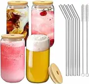 KOKOCCBD 16oz Glass Cup with Bamboo Lid and Straw, 4 Pcs 500ml Drinking Glasses Beer, Iced Coffee Cups, Tumbler Cup for Cocktail, Whiskey, Cola, Juice (Transparent Glass Cup)