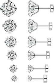 [NewZenro] 6 Pairs 18g 20g Stainless Steel Cubic Zirconia Stud Earrings for Women Men Cartilage Ear Piercings Helix Tragus 3-8mm Set Flat Screw Backs