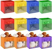 Marsui 12 Pcs Clear Storage Bins Collapsible Cube Fabric Storage Organizer Bin with Window for Kid Room Daycare Nursery Playroom(Rainbow Color,Solid)