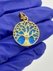 925 Sterling Silver Yellow Gold Plated Blue Opal Tree Of Life Round Pendant BM