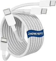 GDSanlian 2Pack 240W USB C to USB C Fast Charging Cable 2M (6.6Ft) - PD 3.1 SuperSpeed 5A Charger Cord with 480Mbps Data Sync for iPhone MacBook Pro M3, Dell XPS, Galaxy S24 - Braided Nylon (White)