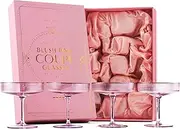 GLASSIQUE CADEAU Vintage Art Deco Blush Pink Coupe Glasses with Gold Rims | Set of 4 | 7 oz Crystal Ribbed Cocktail Glassware for Drinking Champagne, Martini, Cosmopolitan | Girly Speakeasy Saucers