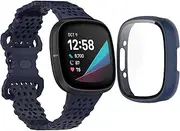QHBAMD Silicone Breathable Strap Compatible for Fitbit Versa 4/Sense 2 Watch Band, Protection PC Case Cover for Versa 4/Sense 2
