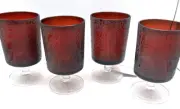 4 Etched Red Art Glass Goblets Glasses signed Madeline Thorpe Petroglyph Tribal
