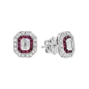 Art Deco Style Lab-Created Diamond Emerald Ruby Earrings 14K White Gold Finish