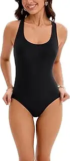 [SEERSPOLAS] Women's One Piece Swimsuits Tummy Control Bathing Suits U Neck with Cross Back Straps Swimwear, Black, Medium-Large