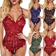 Jumpsuit Women Lace Lingerie Hollow Out Bodysuit Blackless Open Crotch Pajamas