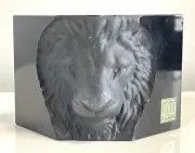 HOYA Japan Black Crystal Art Glass Lion Head Sculpture Paperweight NOS In Box