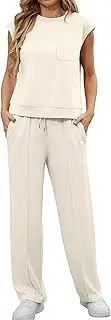 [GRECERELLE] Two-piece tracksuit, women's summer outfits, tracksuit, short sleeve, casual crew neck cap, sleeve tops and jogging bottoms, tracksuits with pockets, apricot, Small