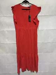 For Cynthia Rowley Maxi Dress XL Tiered Coral Linen Blend Ruffle Sleeve $120 NWT