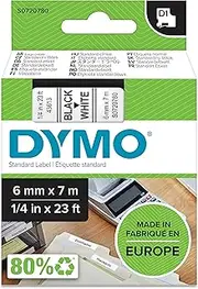 DYMO S0720780 D1 Label Cassette Tape, 6mm x 7m, Black/White