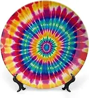 Tie Dye Pattern Decorative Plates, Ceramic Decorative Plates for Display, Boho Style Dinner Plate with Display Stand, China Plate for Home Decor