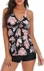 [CULACCINO] Women's Tankini Set Swimsuit Two Piece with Push-Up Top and Concealing Swimming Shorts Women's Sports Swimsuit for Beach and Summer