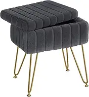 Vanity Stool Chair with Storage, Faux Fur Makeup Chair for Vanity, 15.7"L x 11.8"W x 19.4"H Soft Ottoman 4 Metal Legs with Anti-Slip Feet, Modern Multifunctional Chairs for Bedroom (Grey)