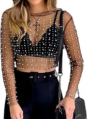 [Cimcado] Women Pearl Mesh Sheer Crop Tops Spring Long Sleeve Sexy See Through Rhinestone Lace Feather Tops Fishnet Blouses