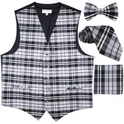New Men's Tuxedo Vest Waistcoat_Necktie, Bowtie & Hankie Set Plaid Gray formal
