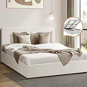 OIKITURE Bed Frame Gas Lift Base with Storage Space, Wooden Bed Frame Platform with Headboard White, Queen Size, 208.5cm x 153cm x 88cm