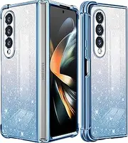[Likiyami] for Samsung Galaxy Z Fold 4 Case Glitter Women Girls Cute Girly Bling Sparkle Sparkly Phone Cases Luxury Unique Pretty Fashion Shinny Clear Blue Design Slim Cover for Z Fold4 5G 7.6 inch