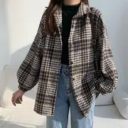 Puff-Sleeve Plaid Button-Up Shirt / Plain Camisole Top Shirt - Thicken - Plaid - Black - One Size