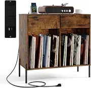 Giantex Record Player Stand w/ Power Outlets, Double Wide Turntable Stand w/ Drawers & Compartments, Vinyl Record Storage Table w/ Metal Legs, Turntable Display Shelf for Living Room, Bedroom (Rustic Brown)