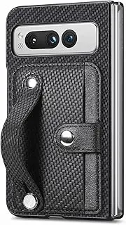 [Asuwish] Phone Case for Google Pixel Fold 5G 2023 and Cell Accessories with Wrist Strap Credit Card Holder Slot Stand Kickstand Protective Slim PixelFold Women Men Carbon Fiber Black