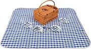 Sherwood Ascot 4 Person Natural Wicker Picnic Basket Set with Glass, Utensils & Plates Outdoor Camping Sandproof Waterproof with Blue & White Gingham Rug Blanket - Tan Basket 48x33x20 & Rug 1.3x1.5m