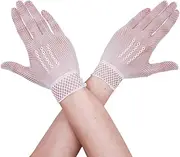 [Ｗoowayo] Unisex Stretchy Fishnet Full Finger Wrist Length Opera Wedding Costume 1920s Party Performance Gloves (One Size, White)