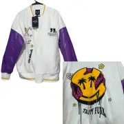 New Boohoo Man Trippy Funk Varsity Bomber Jacket Purple Men's Small Smile Face