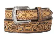 3D Western Mens Belt Leather Tooled Calf Hair Underlay Tapered Brown D100016302