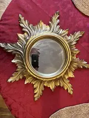 Italian Ornate 20” Thick Sun Mirror With Gold Bursts Around Rim
