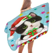Cute Christmas Design Tuxedo Cat in Chimney Microfiber Beach Towel