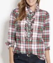 VINEYARD VINES Shirt Ruffle Plaid Blouse 6 White Red Green Button New NWT