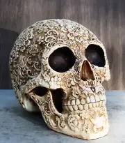 Ebros Natural Antique Skull Bone Floral Skull Statue 8"L Day Of The Dead Decor