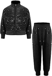 [FEESHOW] Girls Tracksuit Sequin Sports Long Sleeve Dancewear Jacket with Pants Set Hip Hop Dance Costume