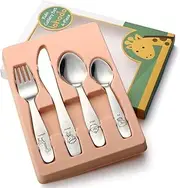 Kids Silverware Toddler Utensils Set 18/8 Stainless Steel 4 Pcs Self Feeding Child Learning Cutlery Fork and Spoon Set Baby Safe Flatware with Gift Box for Age 3+