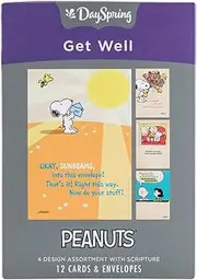 DaySpring Get Well Greeting Card with Embossed Ecru Envelopes, 12 Count, Peanuts (77553)