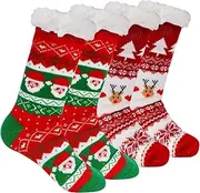 [ATROPOS] 2 Pairs Christmas Women's Fuzzy Slipper Socks Fleece Christmas Slipper Socks Non Slip Warm Soft Crew Socks Christmas Winter for Home, Christmas Party Gifts, Red, Medium Women/Medium Men