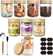 8 Pack 480ml Glass Jars with Bamboo Lids and Spoon Pen Sticker Set, Over Night Oats Glass Food Storage Containers Salad Jars For Food, Yogurt, Sugar and Flour, Coffee Bean, Cookie, Cereal