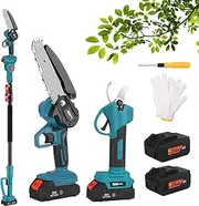 Electric Pruning Shears, Electric Garden Secateur with 2M Cordless Telescopic Pole, 6-Inch Lithium Battery Single-Hand Saw, 2 X 3.0Ah Battery, for Tree Branches Trimming Pruning