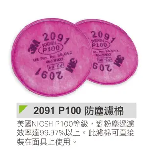 3M P100級防粉塵濾棉 2091濾棉片 適用6800 6200 7502防毒面具 防毒口罩 可搭配3M 502濾蓋