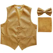 New formal Men's paisley slim fit Tuxedo Vest Waistcoat_Bowtie & Hankie Gold