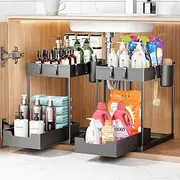 2 Pcs Under Sink Organizer 2 Tier Under Bathroom Cabinet Organizer with Hooks Hanging Cup Multi-Purpose Storage Shelf for Kitchen Bathroom