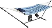 Costway Hammock with Stand, Heavy-Duty Steel Stand & Beech Wood Spreader Bars, Woven Cotton Swing Hammock Chair with Pillow Mat Cup Holder and Bag, Indoor & Outdoor, Easy Assembly