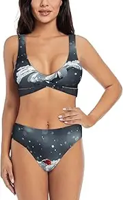 [EdWal] Ladybug on Daisy Flower Print Bikini Set for Women Halter Strapless Ruched Color Block Trim Swimsuit 2 Piece for Women