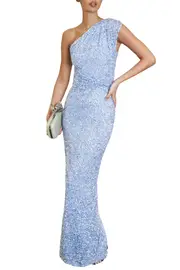 [RACHEL GILBERT] ONE SHOULDER SEQUIN GOWN UK 12 BLUE